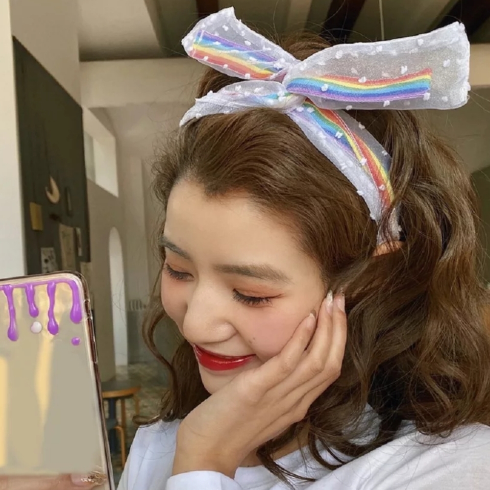 Mesh Pride Rainbow Hair Bow Headband Choker Tie